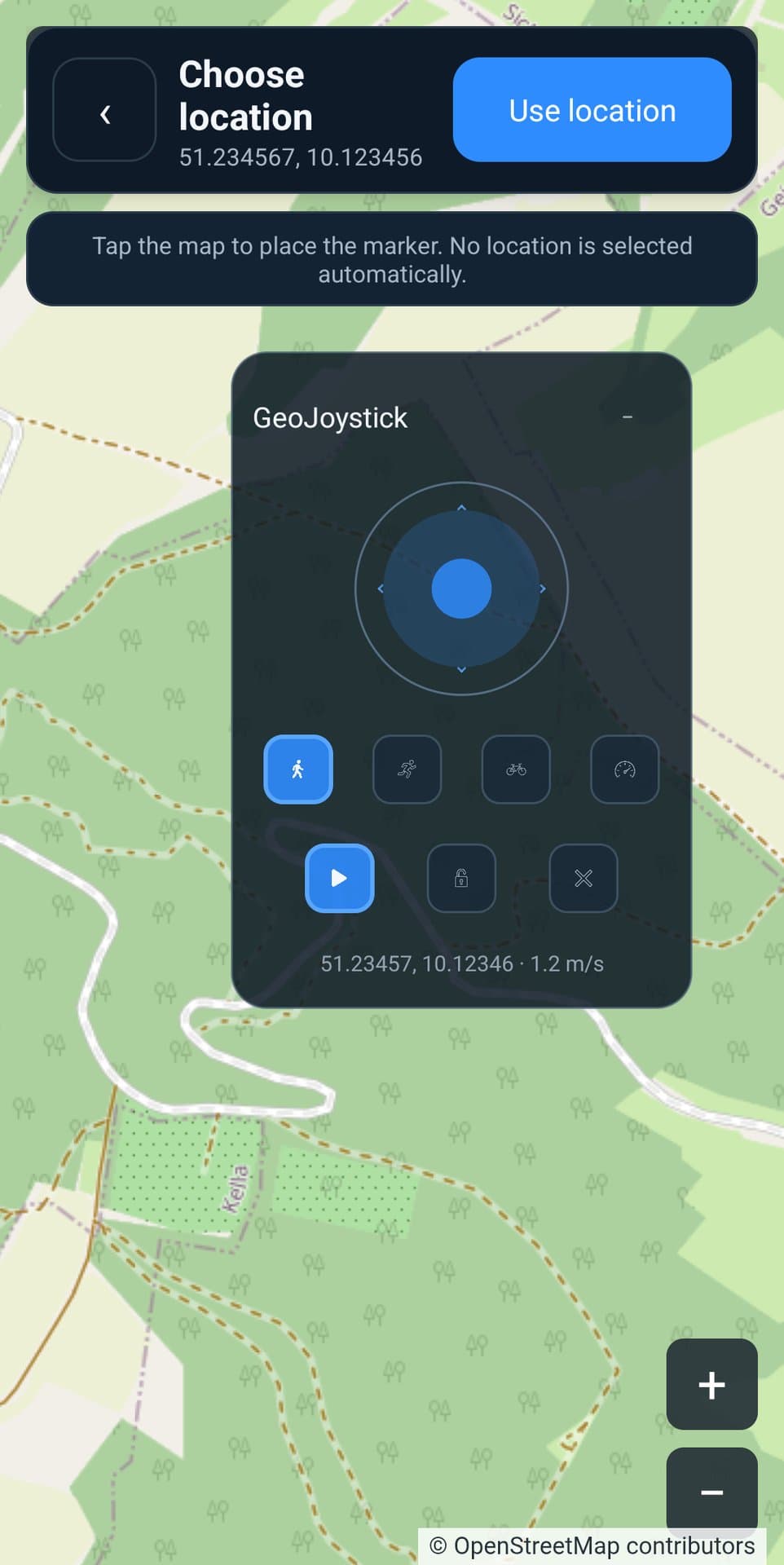 Fake GPS joystick on the map to move your virtual location at walking, running or cycling speed