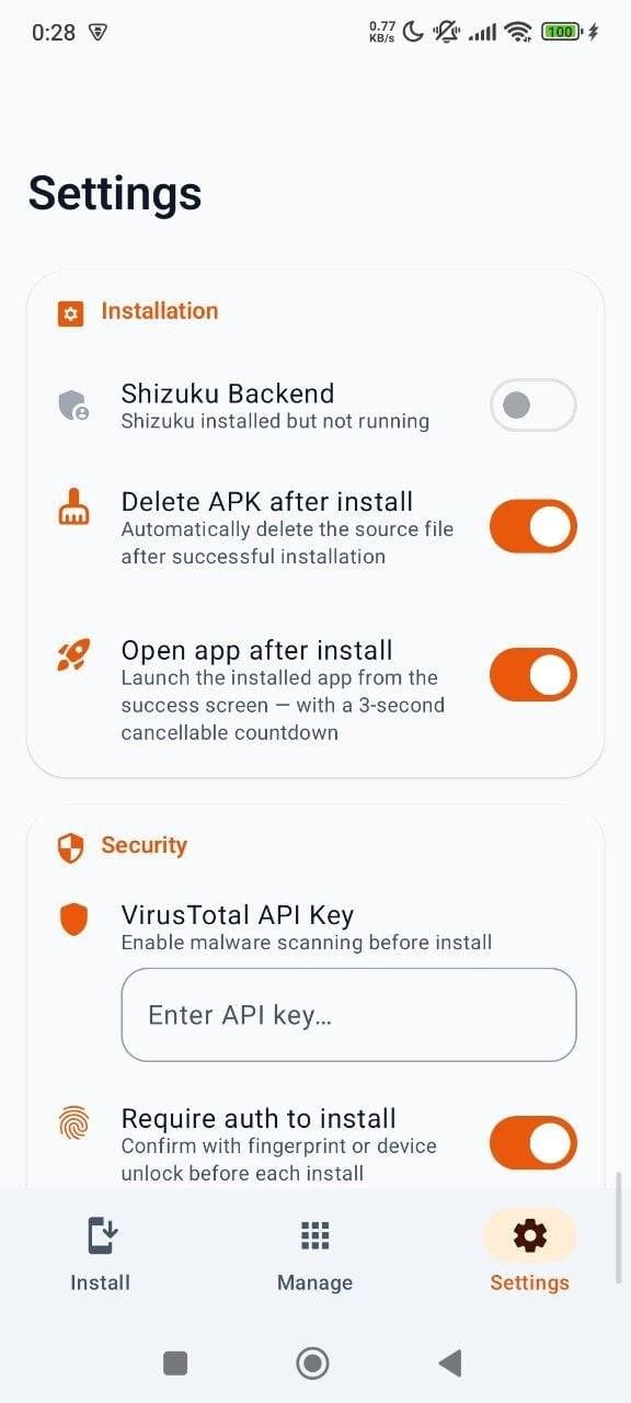 Universal Installer settings with Shizuku backend, VirusTotal scan and fingerprint protection
